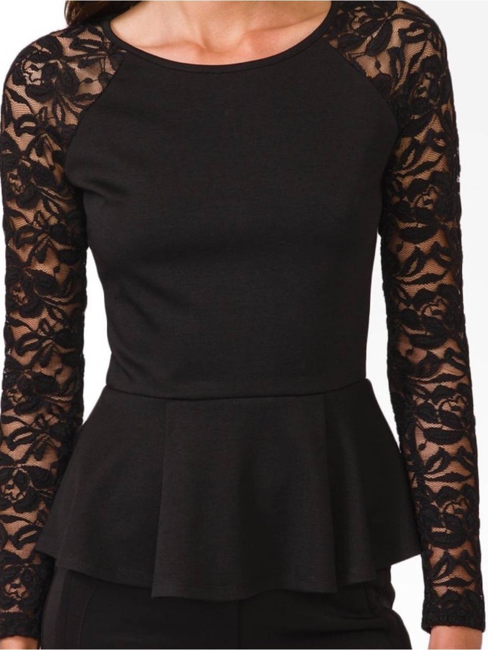 Black Lace-Sleeve Peplum Top